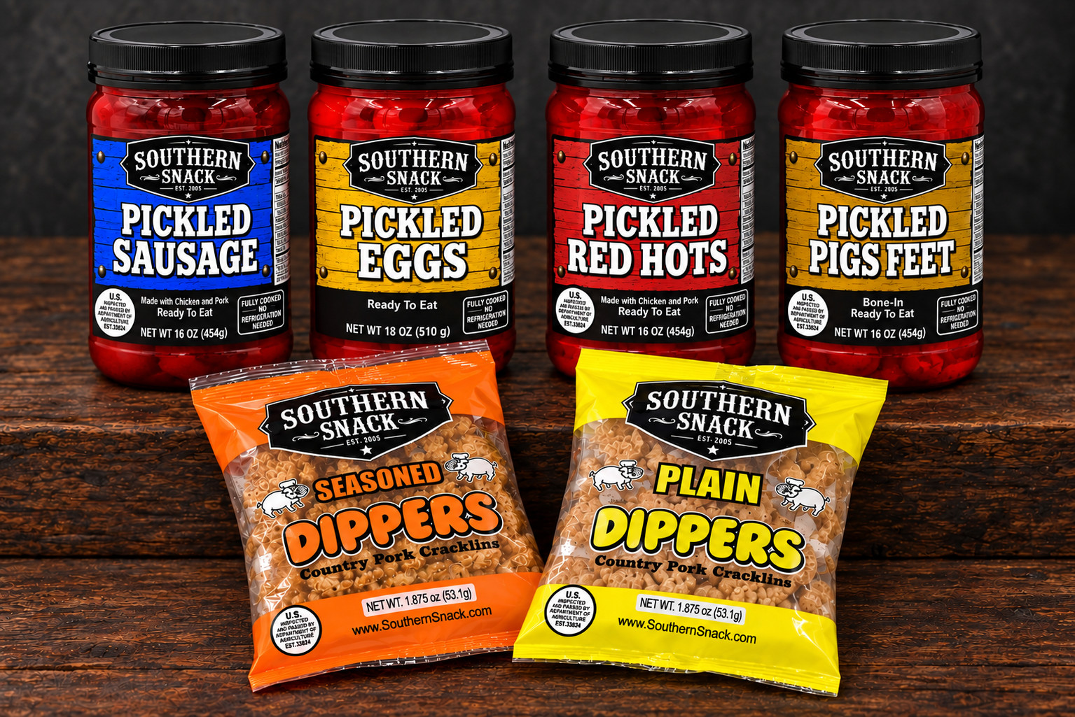 Southern Snack Foods product lineup — Pickled Red Hots, Pickled Eggs, Pickled Sausage, Pickled Pigs Feet